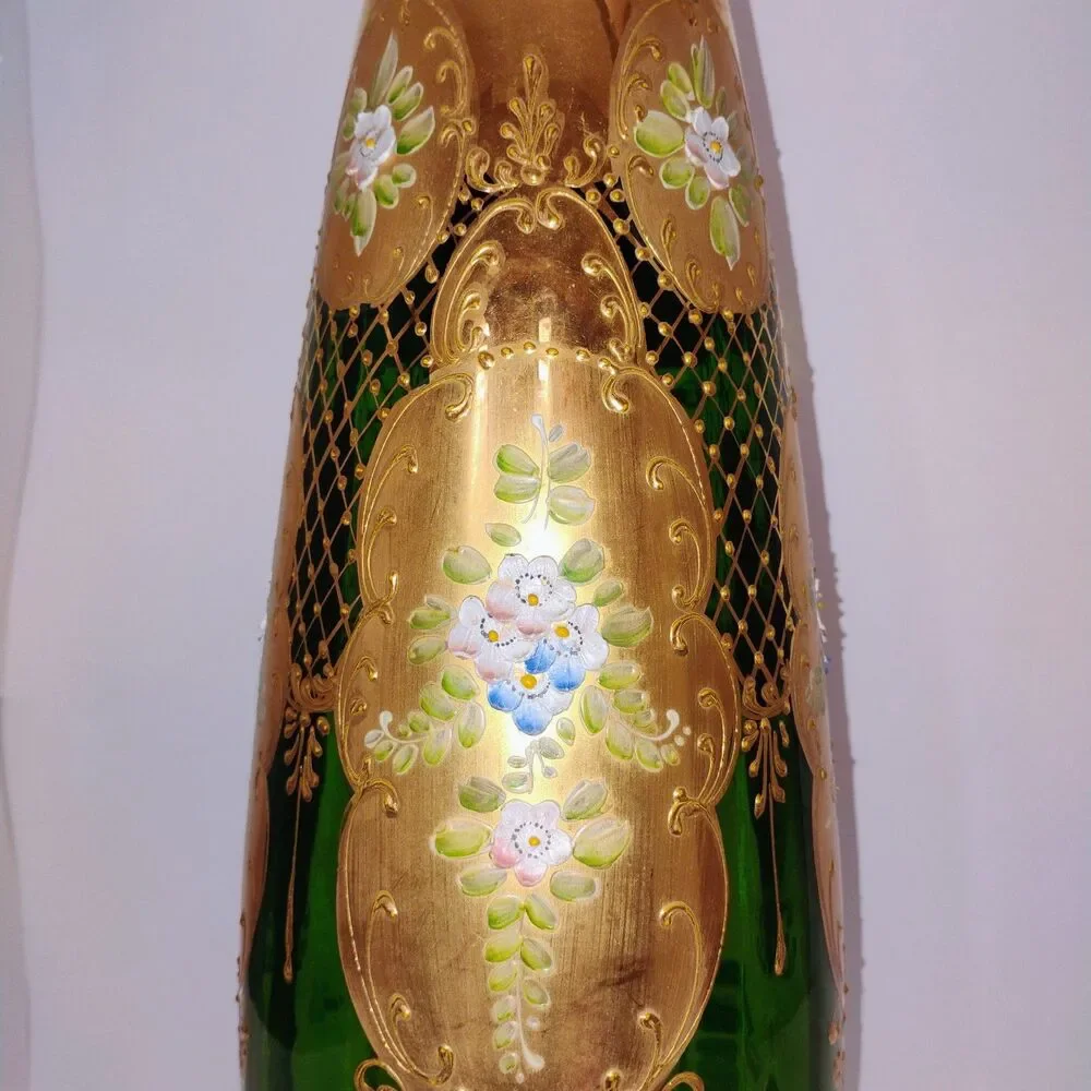 18” Handmade Italian Decorative Vase – Green & Gold Bohemian Glass-hand painted